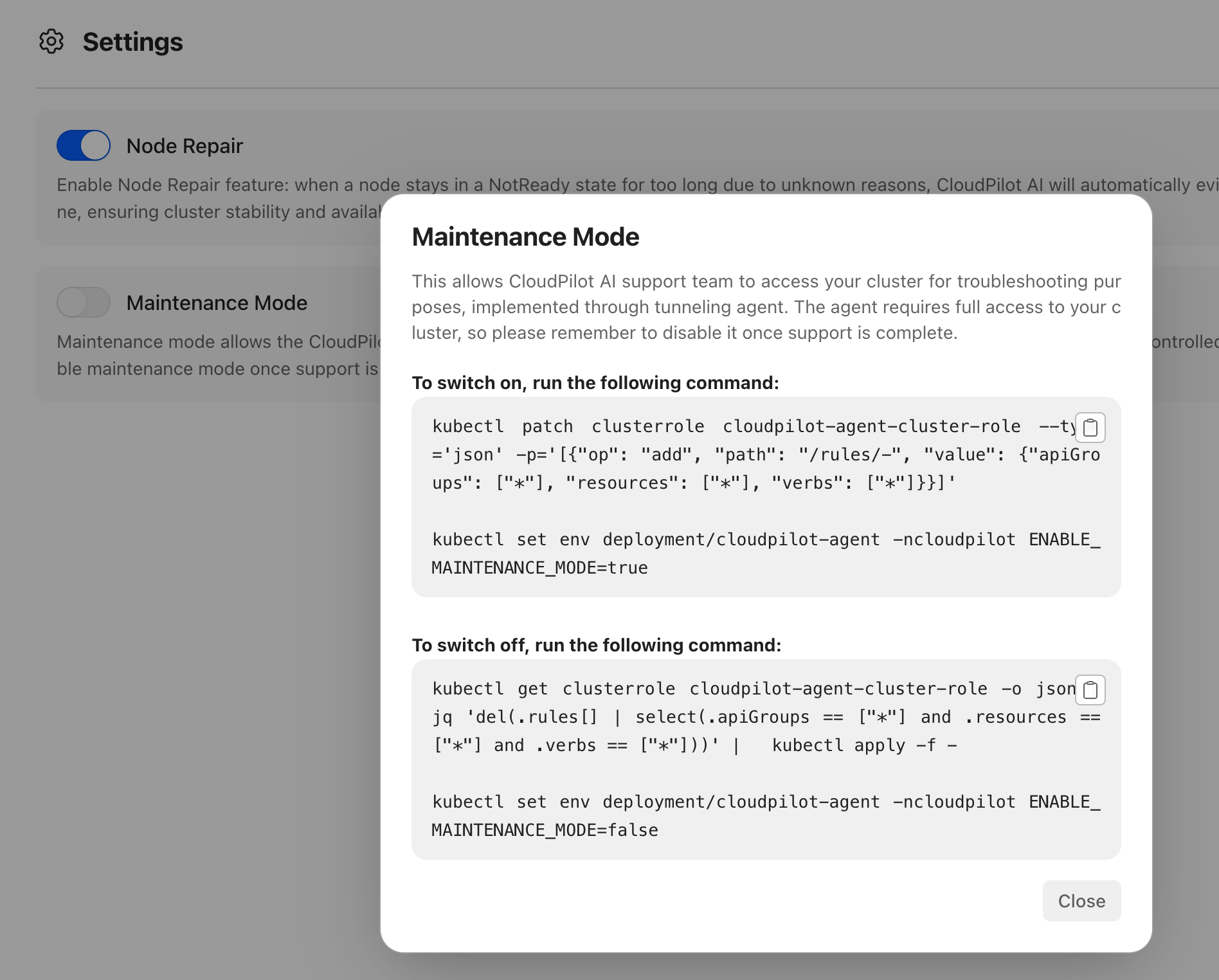 Maintenance mode enable/disable